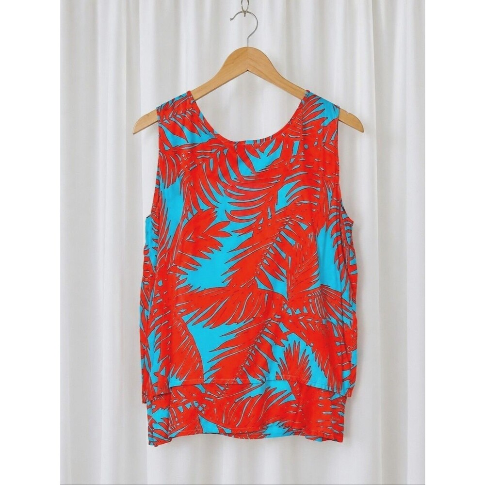 Escapada Living Bold Orange Tropical Leaf Print Layered Drape Sleeveless Blouse